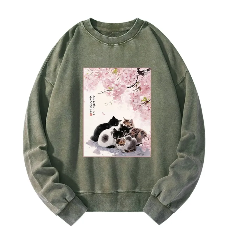 Tokyo-Tiger Cute Cats Sakura Garden Washed Sweatshirt