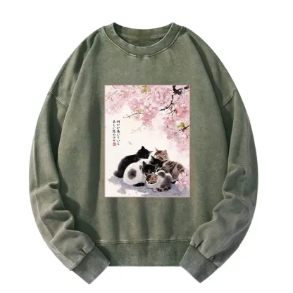 Tokyo-Tiger Cute Cats Sakura Garden Washed Sweatshirt