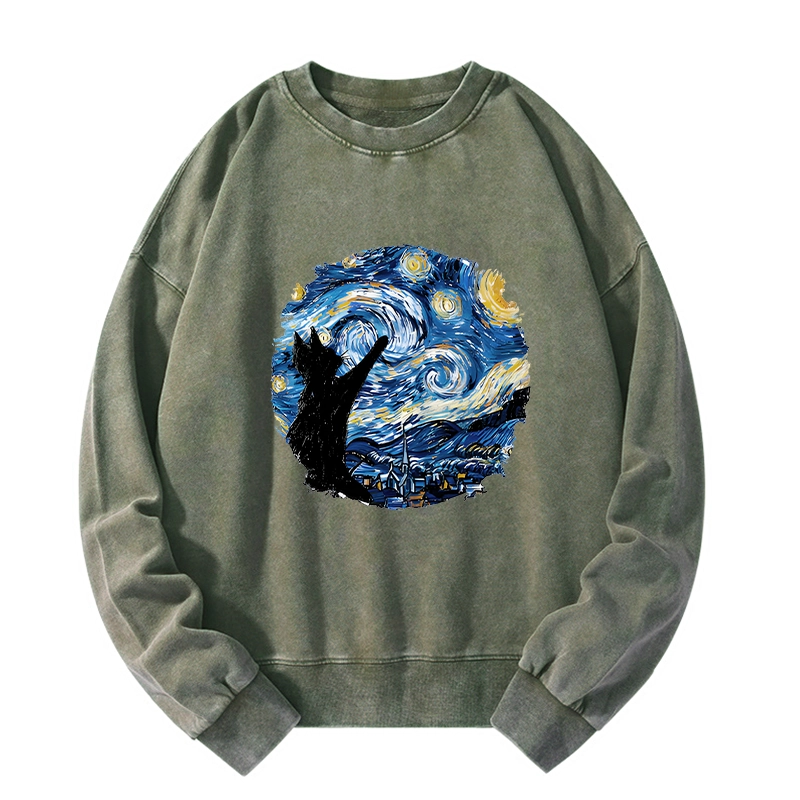 Tokyo-Tiger Starry Night Black Cat Washed Sweatshirt