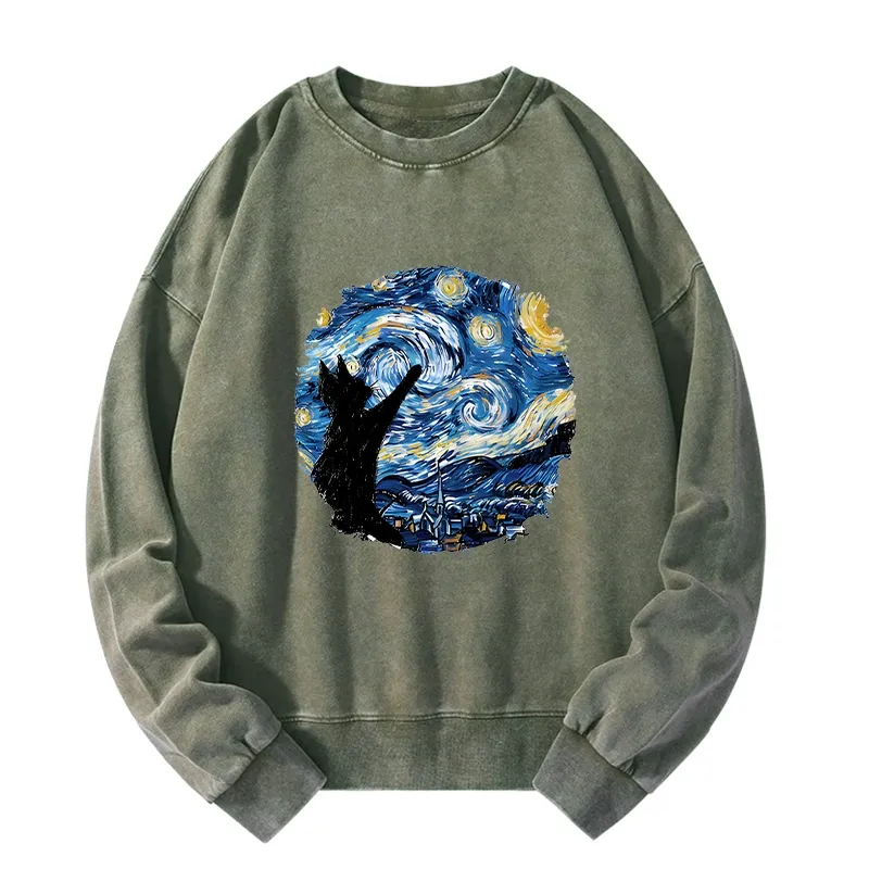 Tokyo-Tiger Starry Night Black Cat Washed Sweatshirt