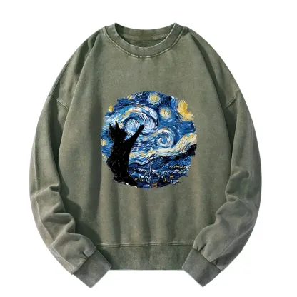 Tokyo-Tiger Starry Night Black Cat Washed Sweatshirt