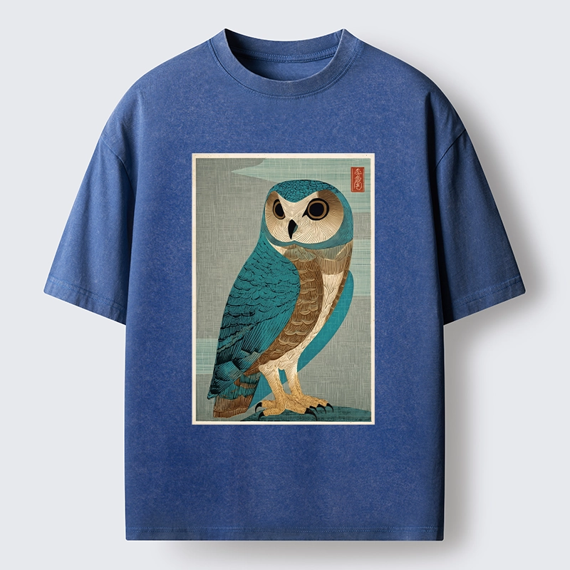 Tokyo-Tiger Vintage Owl Woodblock Art Washed T-Shirt