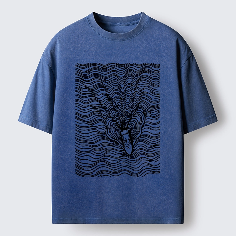 Tokyo-Tiger Line Art Boat On The Ocean Washed T-Shirt