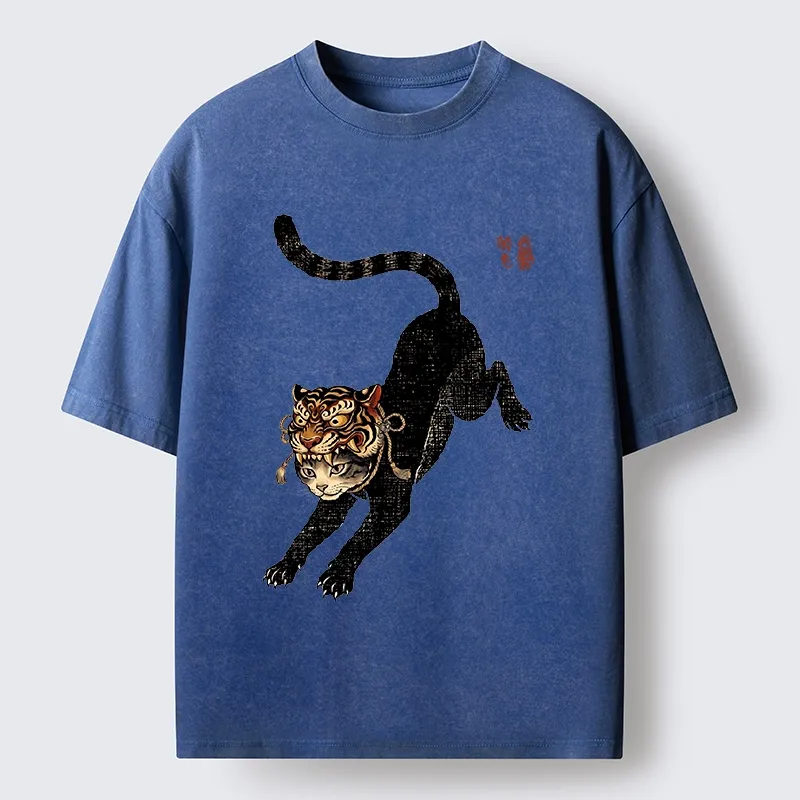 Tokyo-Tiger Cat With Tiger Mask Cool Art Washed T-Shirt