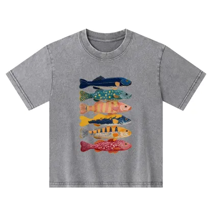 Tokyo-Tiger Colorful Fish Art Collection Kids Washed T-Shirt