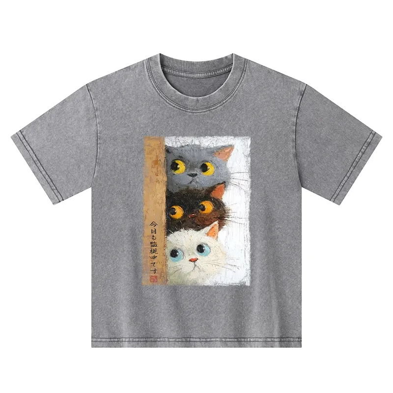 Tokyo-Tiger Three Cute Cats Watch You Kids Washed T-Shirt