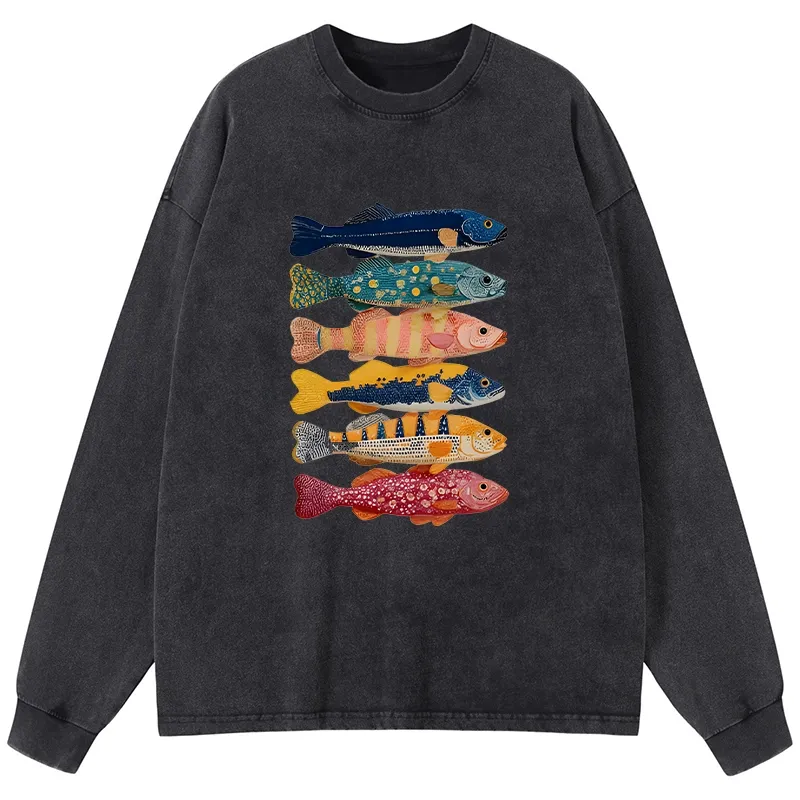 Tokyo-Tiger Colorful Fish Art Collection Washed Long Sleeve T-Shirt