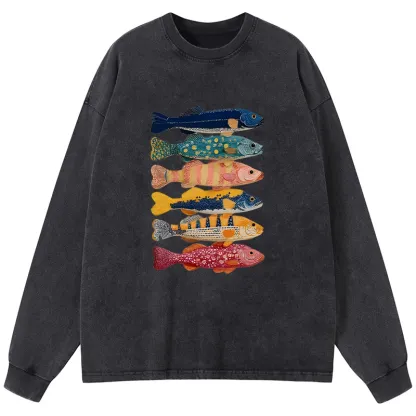 Tokyo-Tiger Colorful Fish Art Collection Washed Long Sleeve T-Shirt