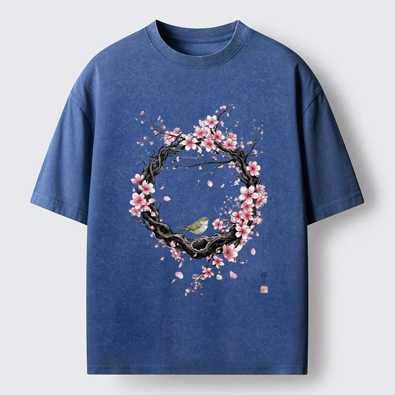 Tokyo-Tiger Sakura Wreath And Little Bird Washed T-Shirt