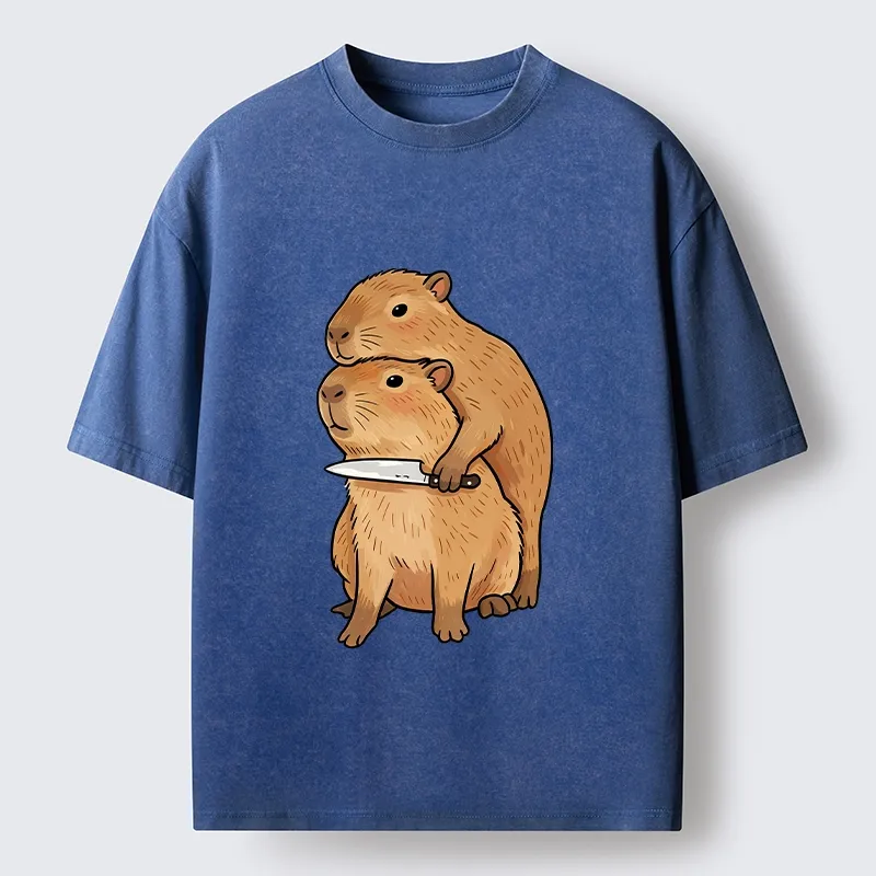 Tokyo-Tiger Capybara With Knife Funny Meme Washed T-Shirt