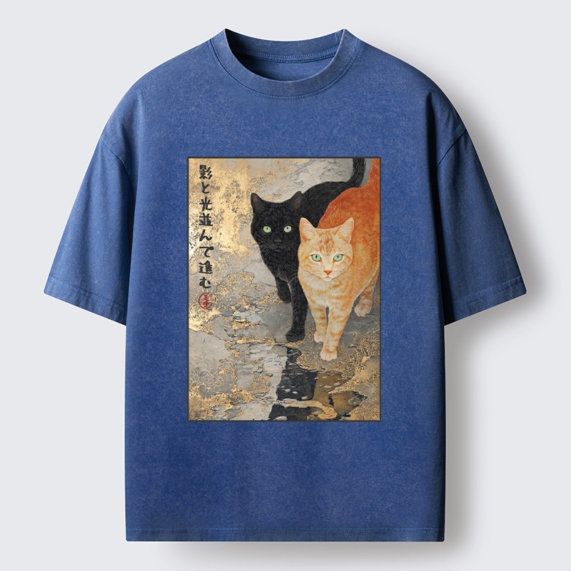 Tokyo-Tiger Japanese Gold Leaf Cat Print Meme Washed T-Shirt