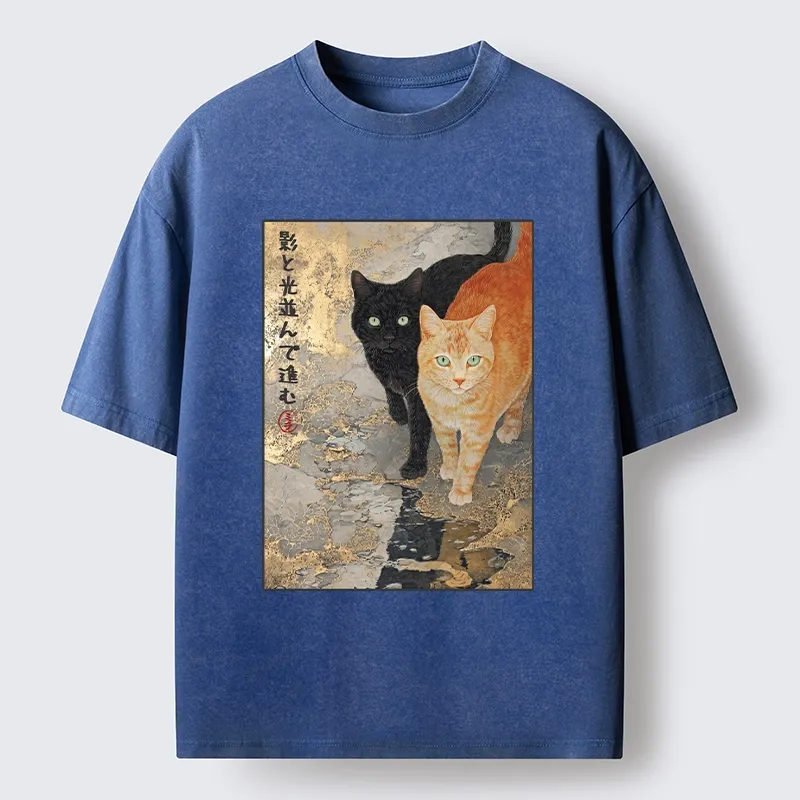 Tokyo-Tiger Japanese Gold Leaf Cat Print Meme Washed T-Shirt