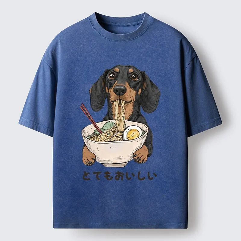 Tokyo-Tiger Cute Dog Eating Noodles Art Meme Washed T-Shirt