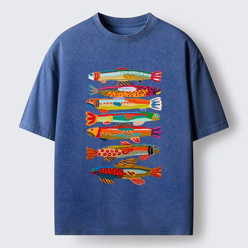 Tokyo-Tiger Colorful Fish Folk Art Print Washed T-Shirt