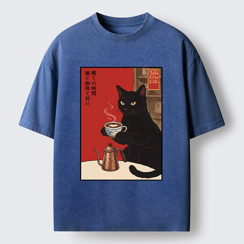 Tokyo-Tiger Cat Coffee Time Japanese Print Washed T-Shirt
