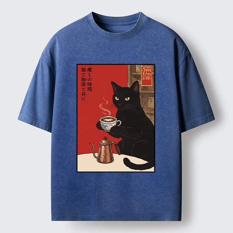 Tokyo-Tiger Cat Coffee Time Japanese Print Washed T-Shirt