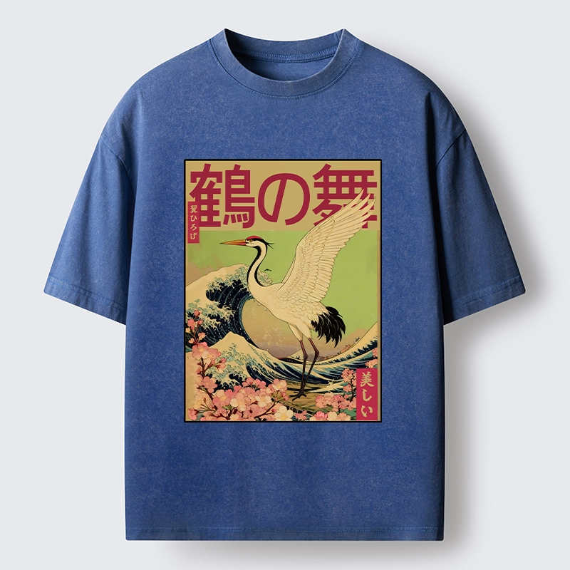 Tokyo-Tiger Japanese Crane And Wave Art Washed T-Shirt