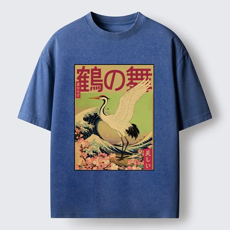 Tokyo-Tiger Japanese Crane And Wave Art Washed T-Shirt