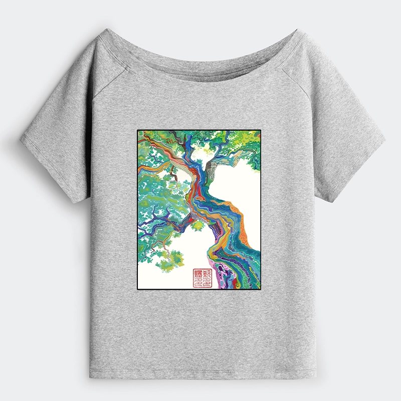Tokyo-Tiger Colorful Magic Tree Off Shoulder T-Shirt