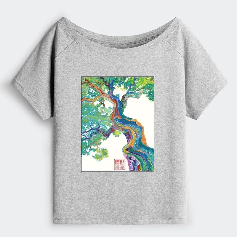 Tokyo-Tiger Colorful Magic Tree Off Shoulder T-Shirt