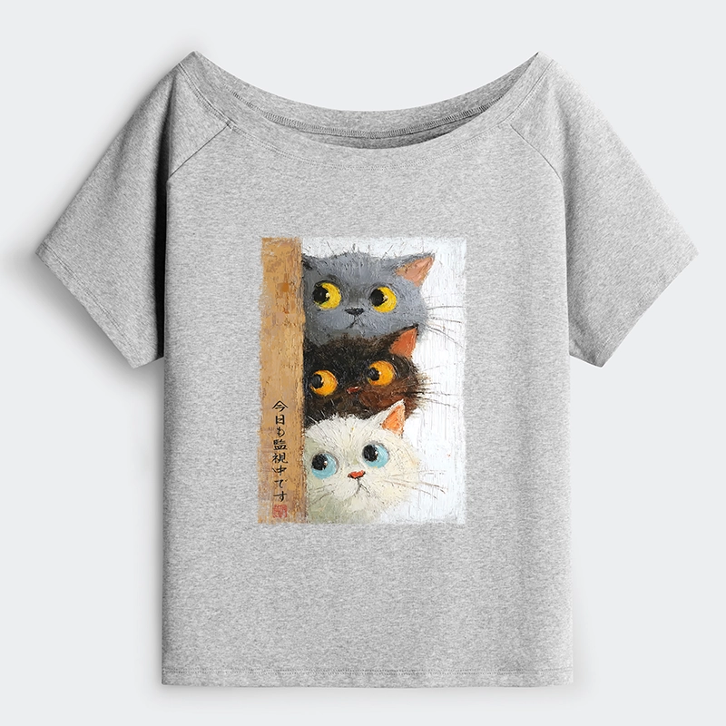 Tokyo-Tiger Three Cute Cats Watch You Off Shoulder T-Shirt