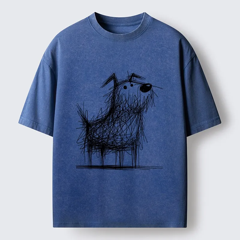 Tokyo-Tiger Cute Scrawled Dog Line Art Washed T-Shirt Sale