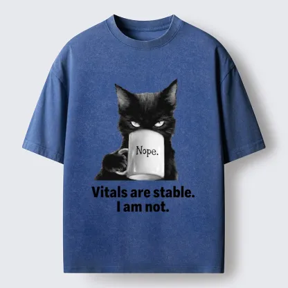 Tokyo-Tiger Grumpy Black Cat Coffee Meme Washed T-Shirt