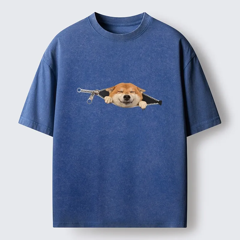 Tokyo-Tiger Cute Shiba Dog In Zipper Washed T-Shirt