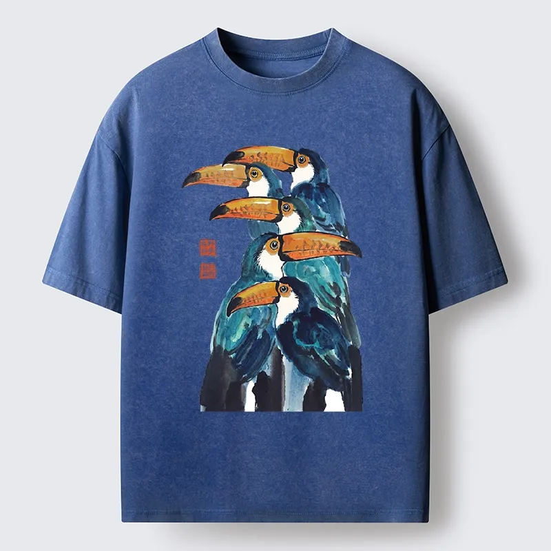 Tokyo-Tiger Blue Toucans Watercolor Washed T-Shirt Sale