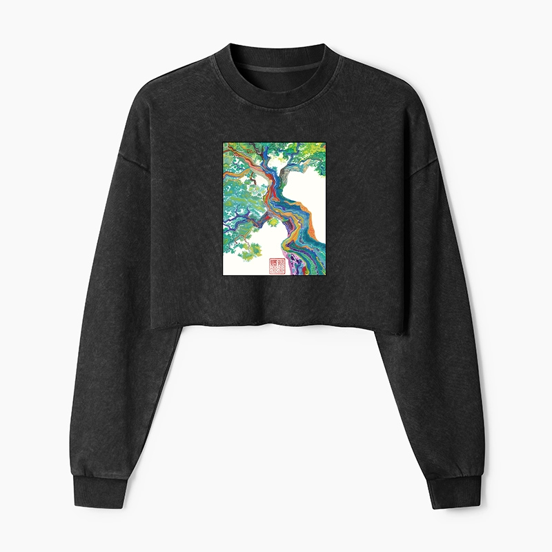 Tokyo-Tiger Colorful Magic Tree Washed Crop Sweatshirt