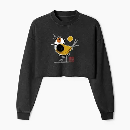 Tokyo-Tiger Aesthetic Yellow And Black Bird Washed Crop Sweatshirt
