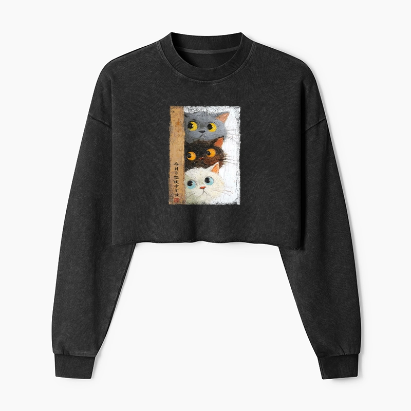 Tokyo-Tiger Three Cute Cats Watch You Washed Crop Sweatshirt