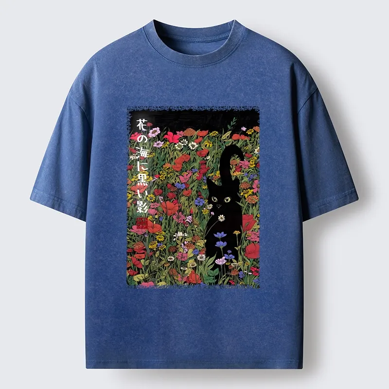 Tokyo-Tiger Black Cat Hiding In Flower Sea Washed T-Shirt