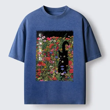 Tokyo-Tiger Black Cat Hiding In Flower Sea Washed T-Shirt