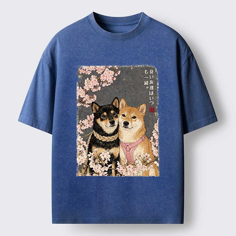 Tokyo-Tiger Two Shibas And Sakura Flowers Washed T-Shirt