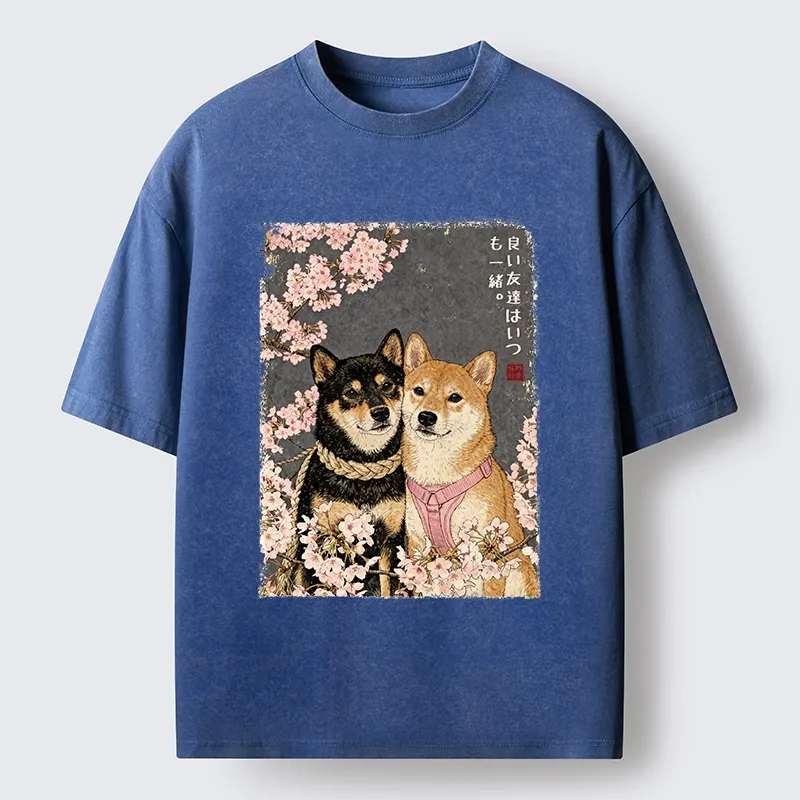 Tokyo-Tiger Two Shibas And Sakura Flowers Washed T-Shirt
