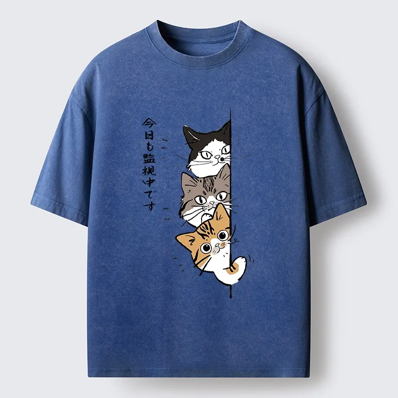 Tokyo-Tiger Funny Cat Surveillance Squad Washed T-Shirt