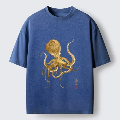 Tokyo-Tiger Japanese Style Octopus Painting Washed T-Shirt