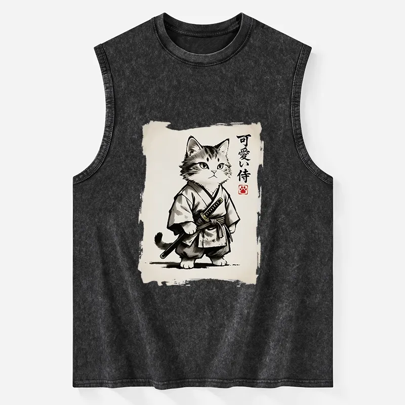Tokyo-Tiger Japanese Samurai Cat Illustration Washed Tank Sale