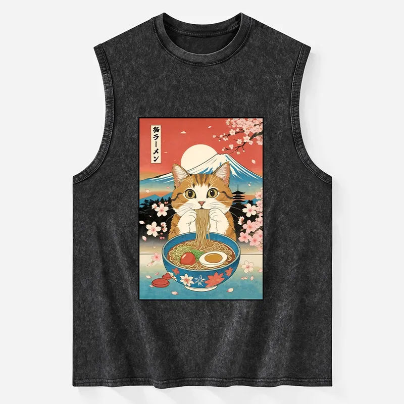 Tokyo-Tiger Funny Orange Cat Eating Ramen Japan Washed Tank