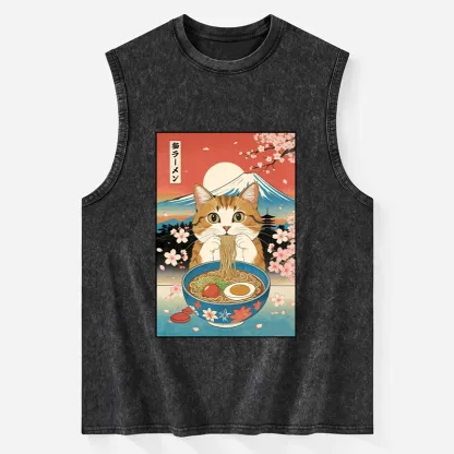 Tokyo-Tiger Funny Orange Cat Eating Ramen Japan Washed Tank