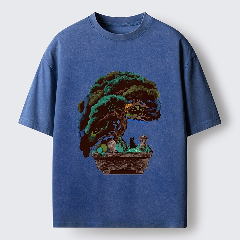 Tokyo-Tiger Black Cat Hiding In A Bonsai Pot Washed T-Shirt