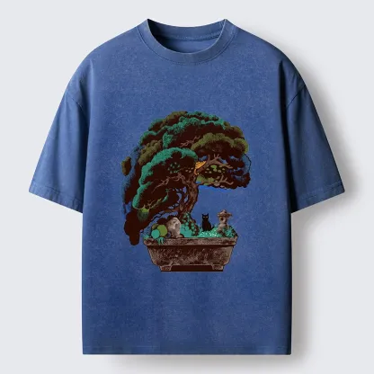 Tokyo-Tiger Black Cat Hiding In A Bonsai Pot Washed T-Shirt