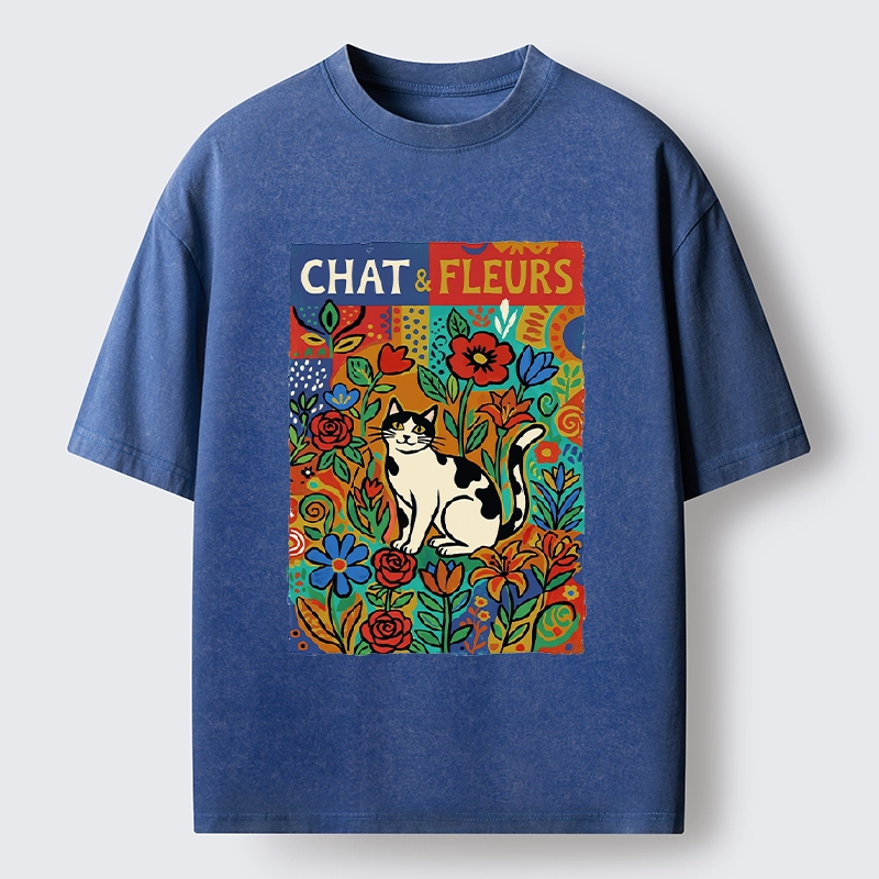 Tokyo-Tiger Colorful Cat And Floral Art Washed T-Shirt