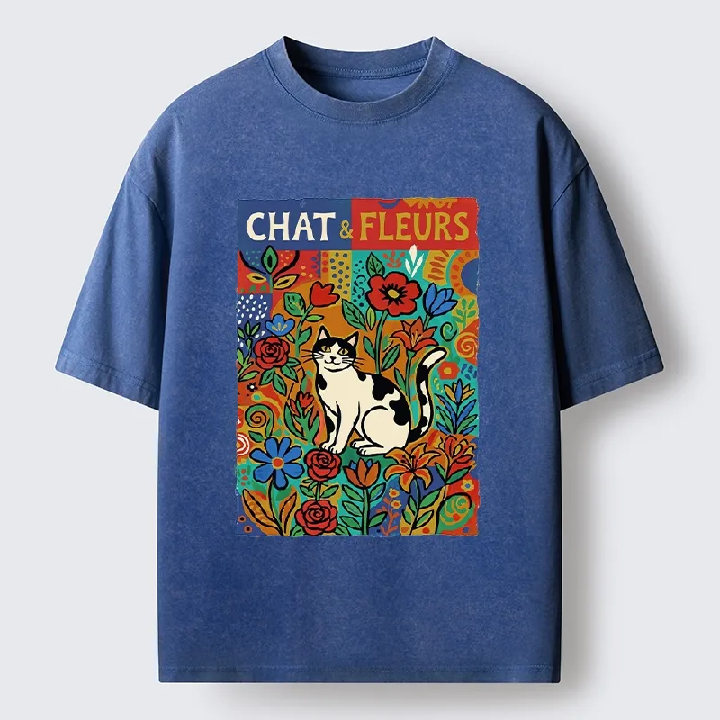 Tokyo-Tiger Colorful Cat And Floral Art Washed T-Shirt