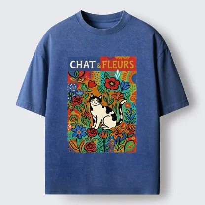Tokyo-Tiger Colorful Cat And Floral Art Washed T-Shirt