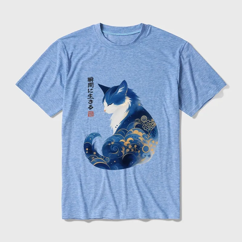 Tokyo-Tiger Retro Zen Cat: Living the Present Cotton Blend T-Shirt