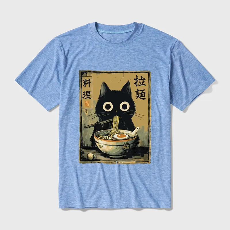 Tokyo-Tiger Cute Black Cat Eating Ramen Japan Cotton Blend T-Shirt