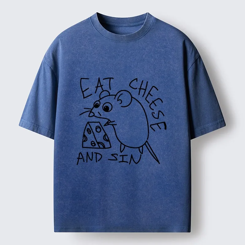 Tokyo-Tiger Cheese Obsessed Mouse Funny Art Washed T-Shirt