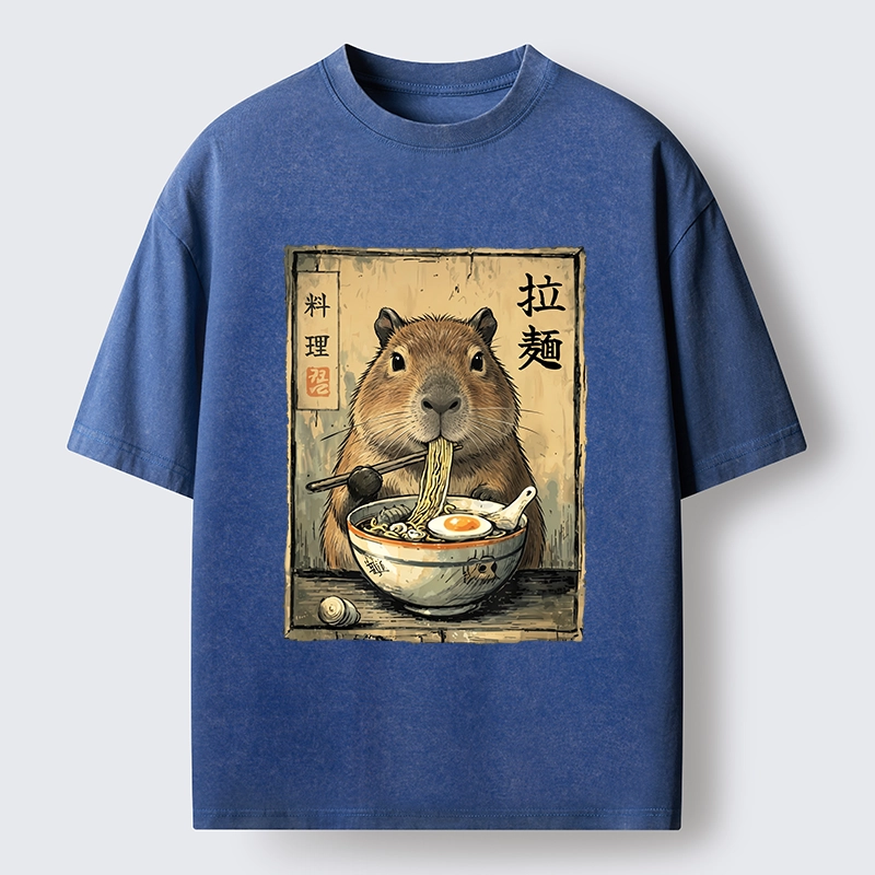 Tokyo-Tiger Capybara Enjoying A Bowl Of Ramen Washed T-Shirt